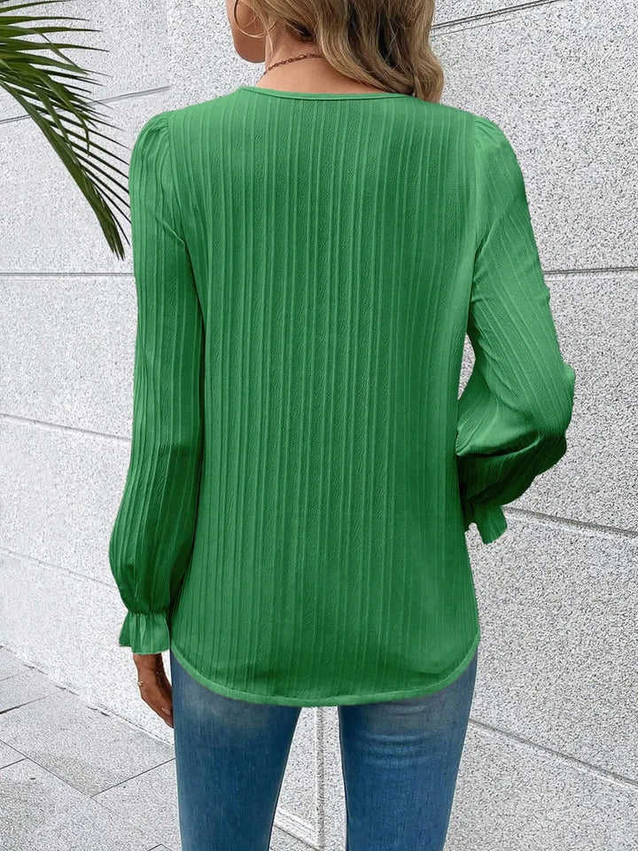 Lace-trim V-neck blouse with flounce sleeves