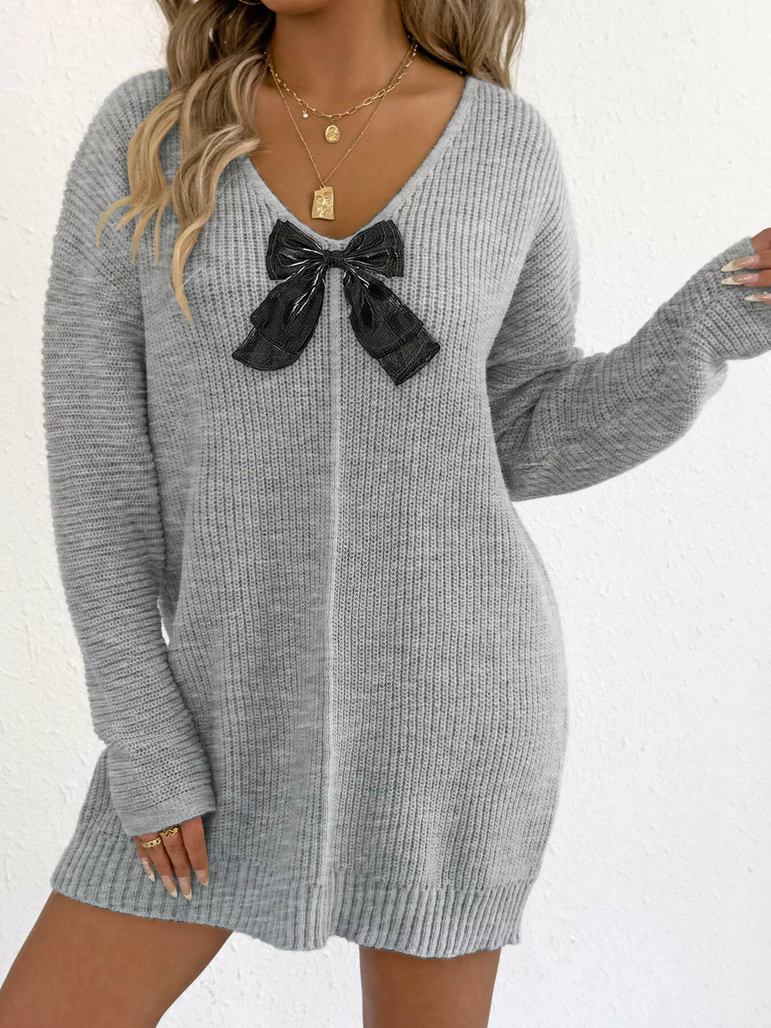 Gray Bow-front ribbed knit mini sweater dress with V-neck
