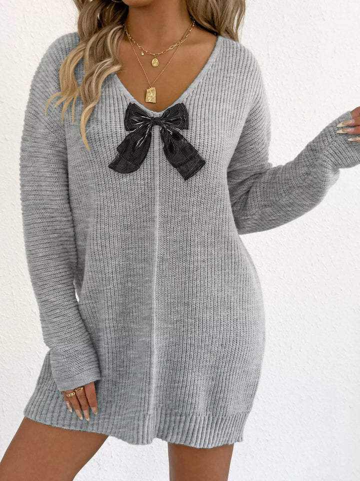 Gray Bow-front ribbed knit mini sweater dress with V-neck