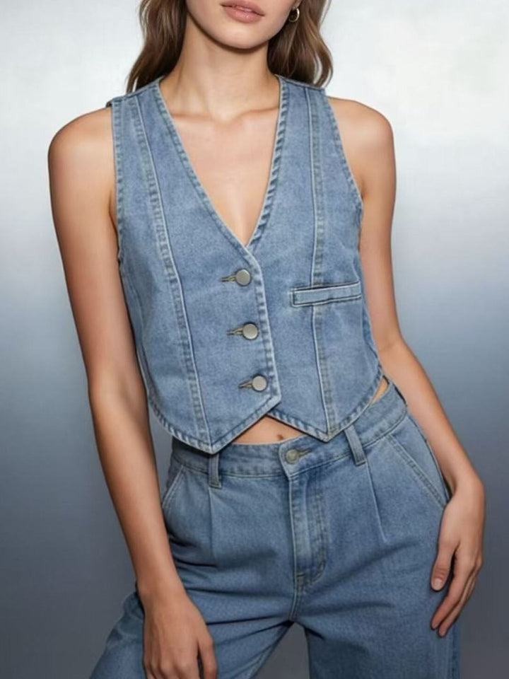 Cropped denim button-down vest with V-neckline