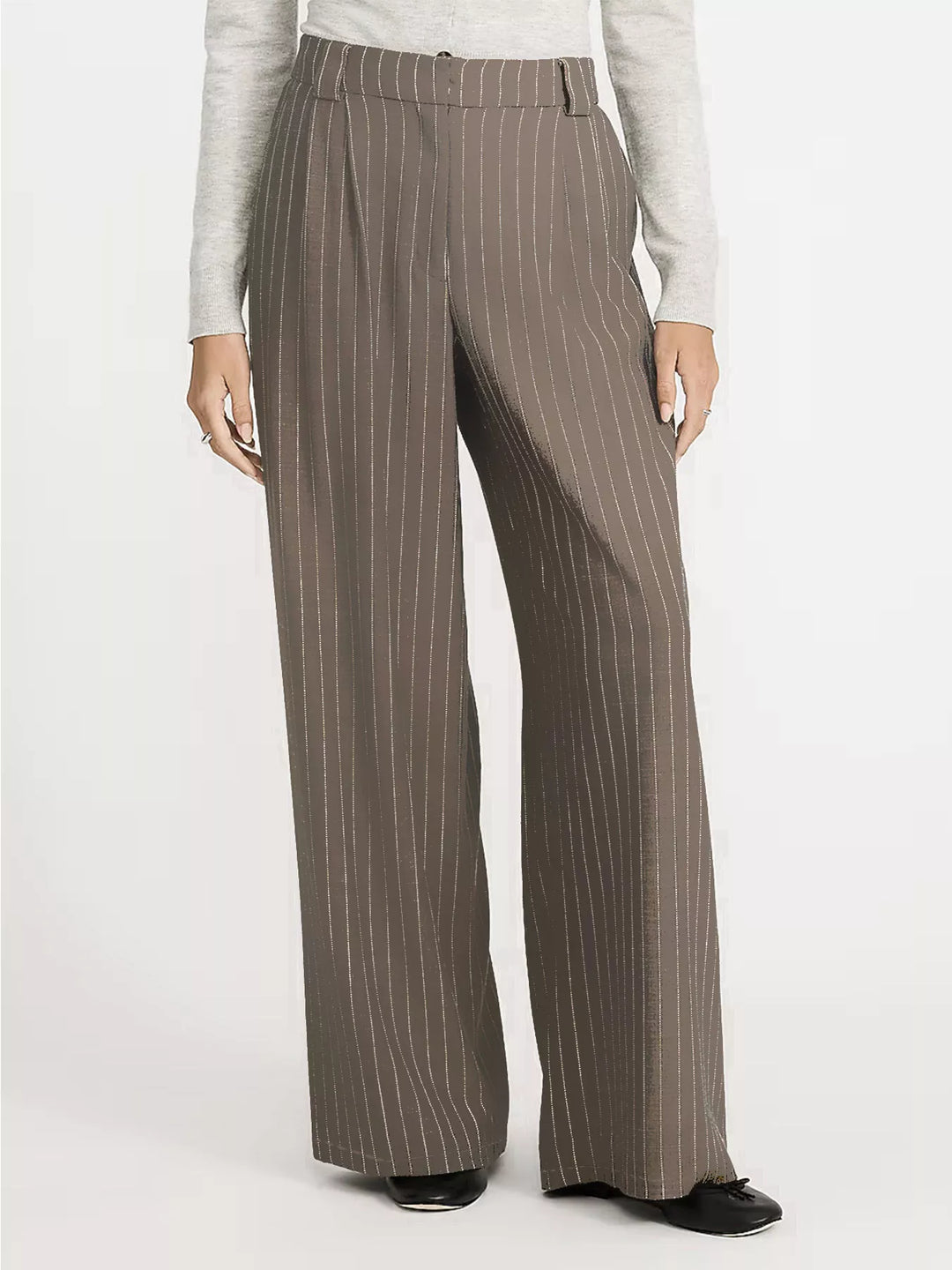 Beige Pleated pinstripe high-rise wide-leg trousers