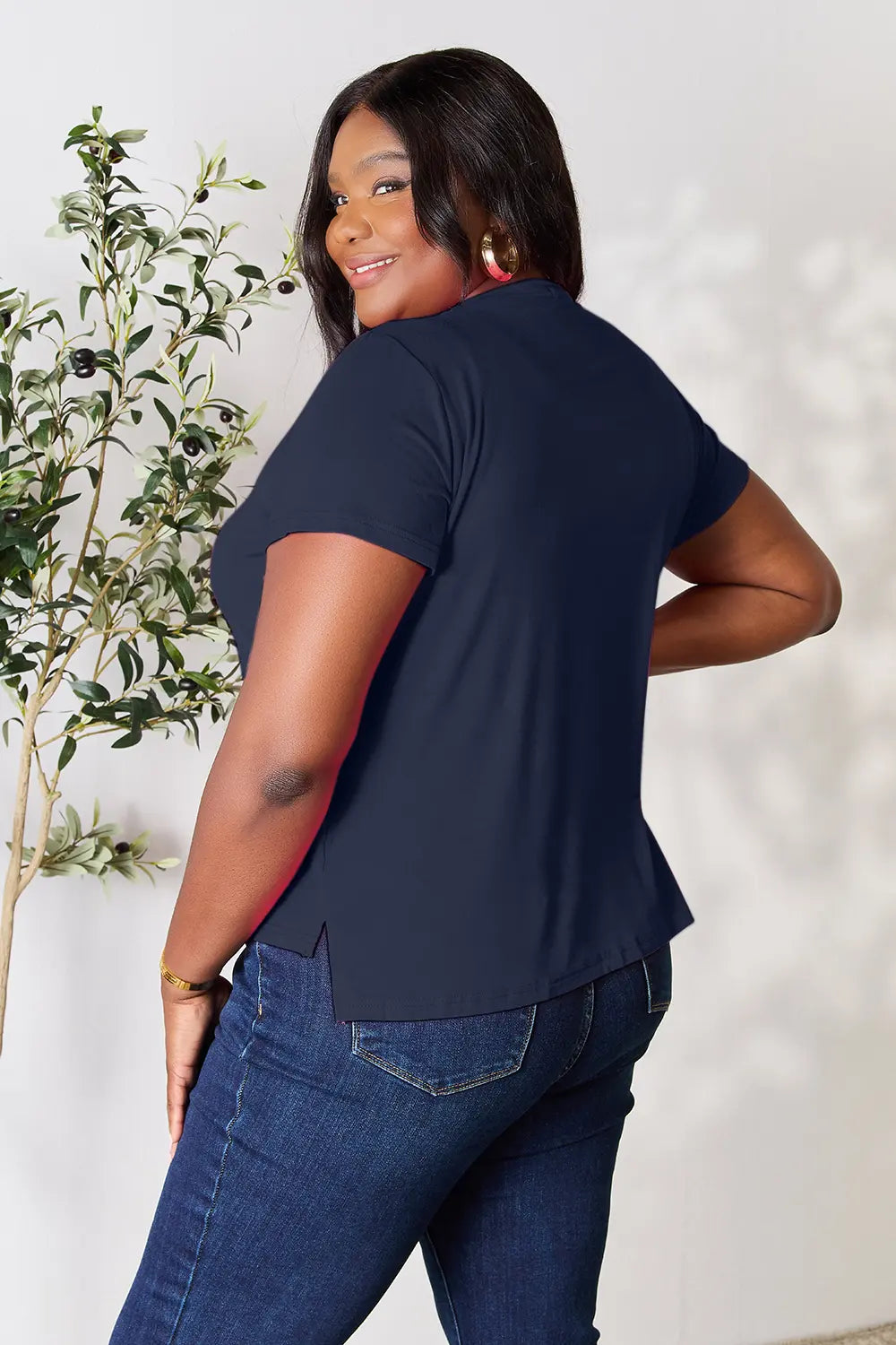 Round neck short sleeve tee in soft rayon knit