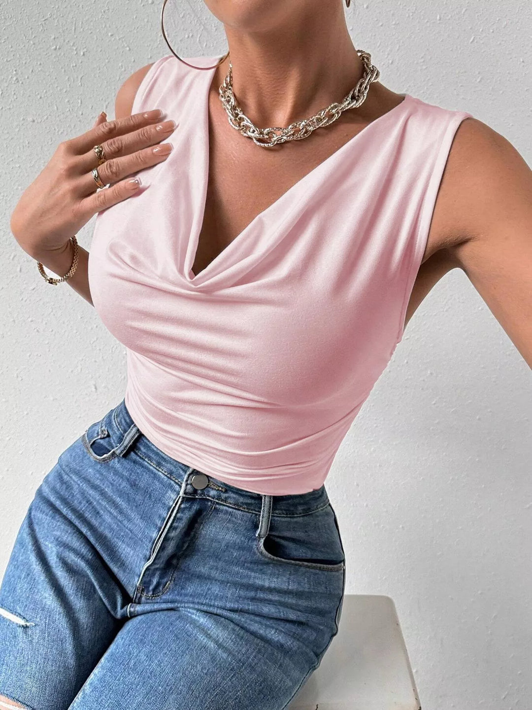 Pink Cowl neck sleeveless ruched tank top