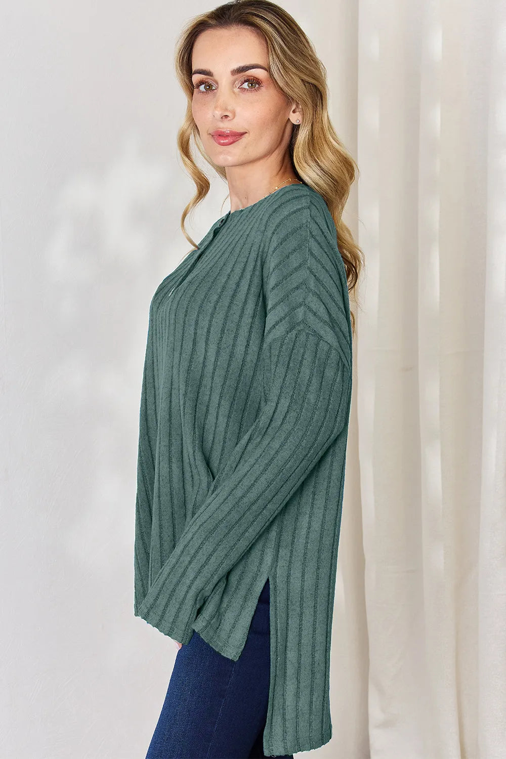 Ribbed knit half-button long sleeve high-low top