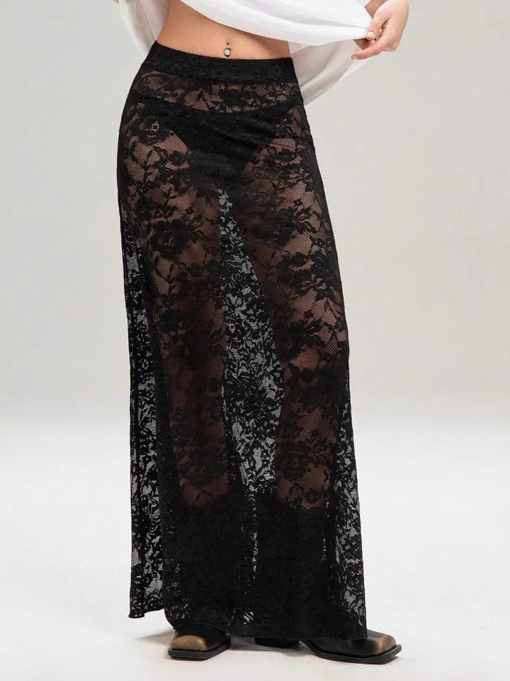Sheer floral lace maxi skirt with stretch