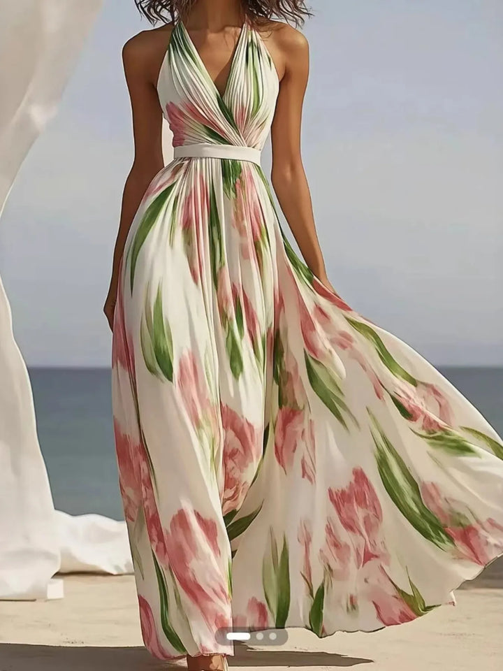 Floral Pleated floral halter maxi dress with tie back