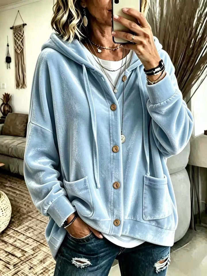 Light Blue Oversized hooded button-up jacket with patch pockets