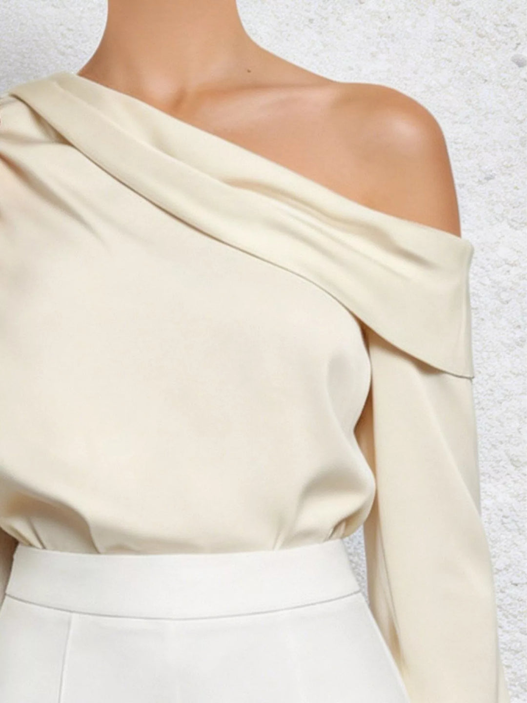 Draped one-shoulder long sleeve satin-finish blouse