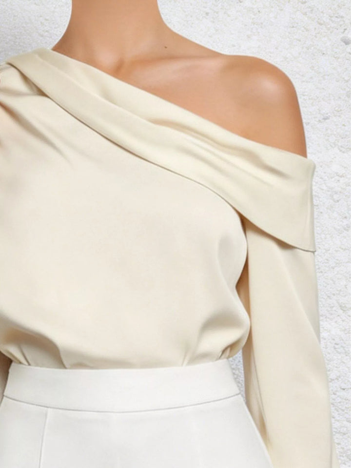 Draped one-shoulder long sleeve satin-finish blouse