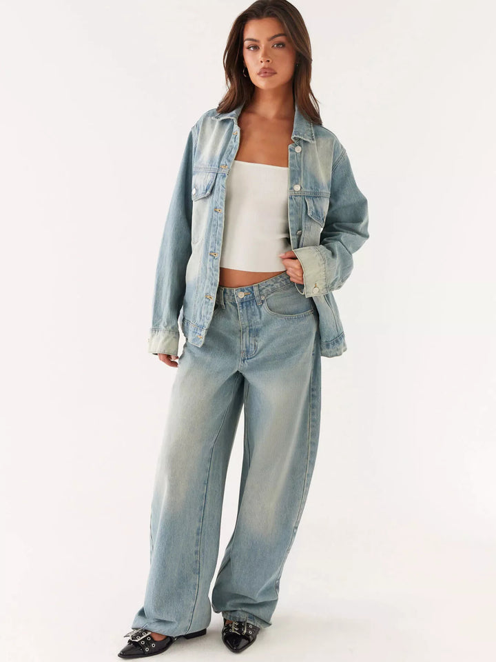 Oversized button-up denim jacket and jeans two-piece set