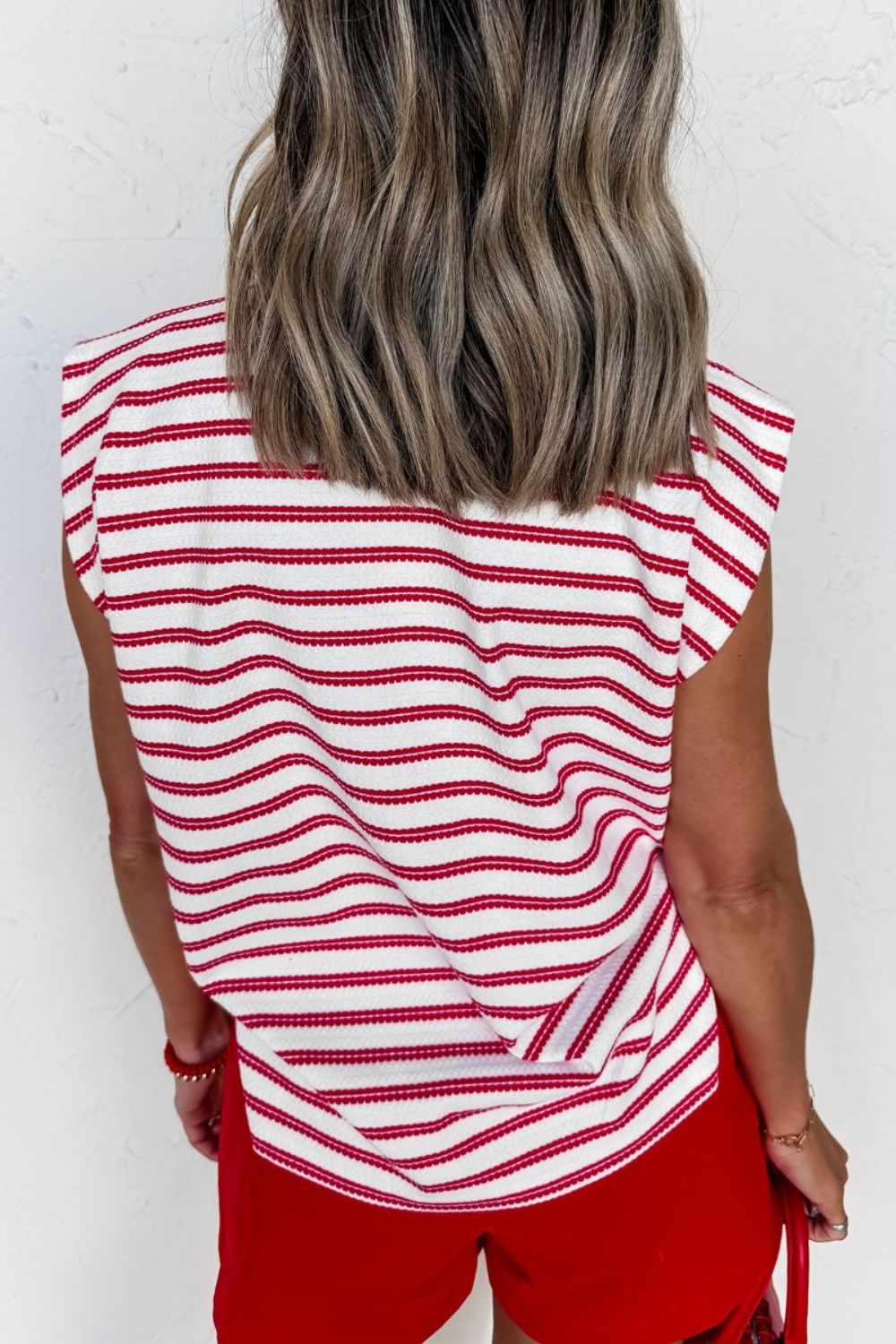 Striped textured knit tee with shoulder buttons