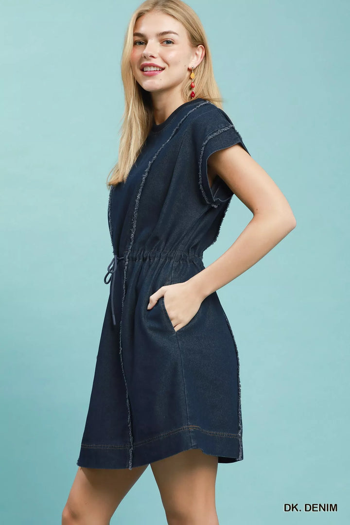Frayed seam drawstring waist denim mini dress with cap sleeves