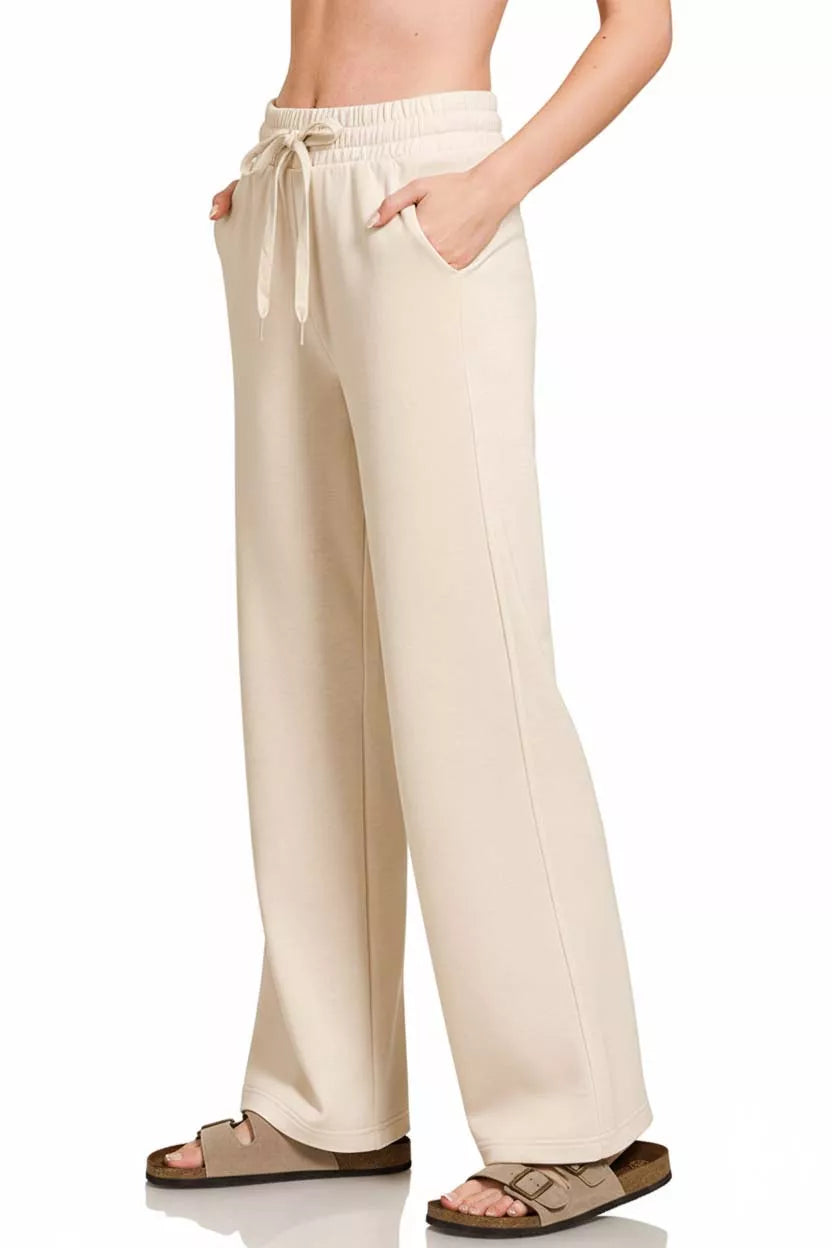 Scuba wide-leg drawstring pants with side pockets