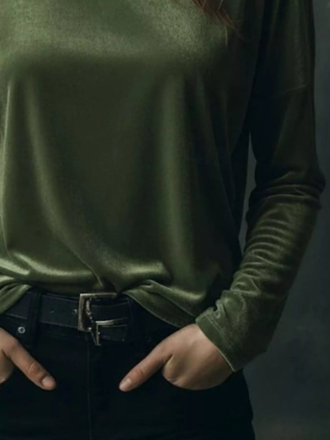 Velvet long sleeve boat neck top with dropped shoulders