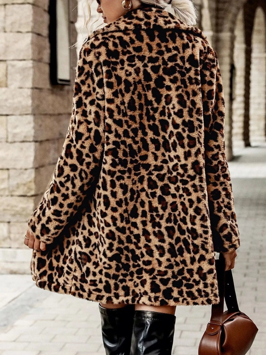 Leopard print faux fur longline coat with notch lapels