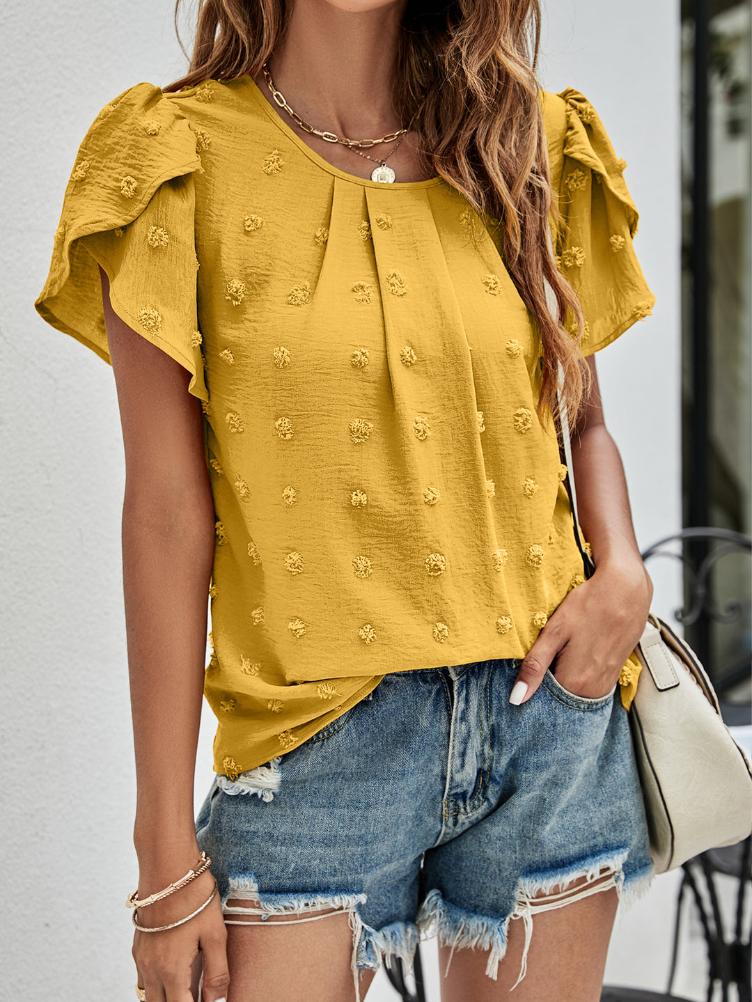 Swiss dot petal sleeve top with pleated round neck