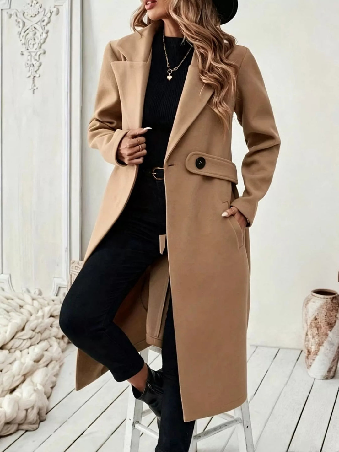 Beige Longline notch lapel coat with single-button waist tab