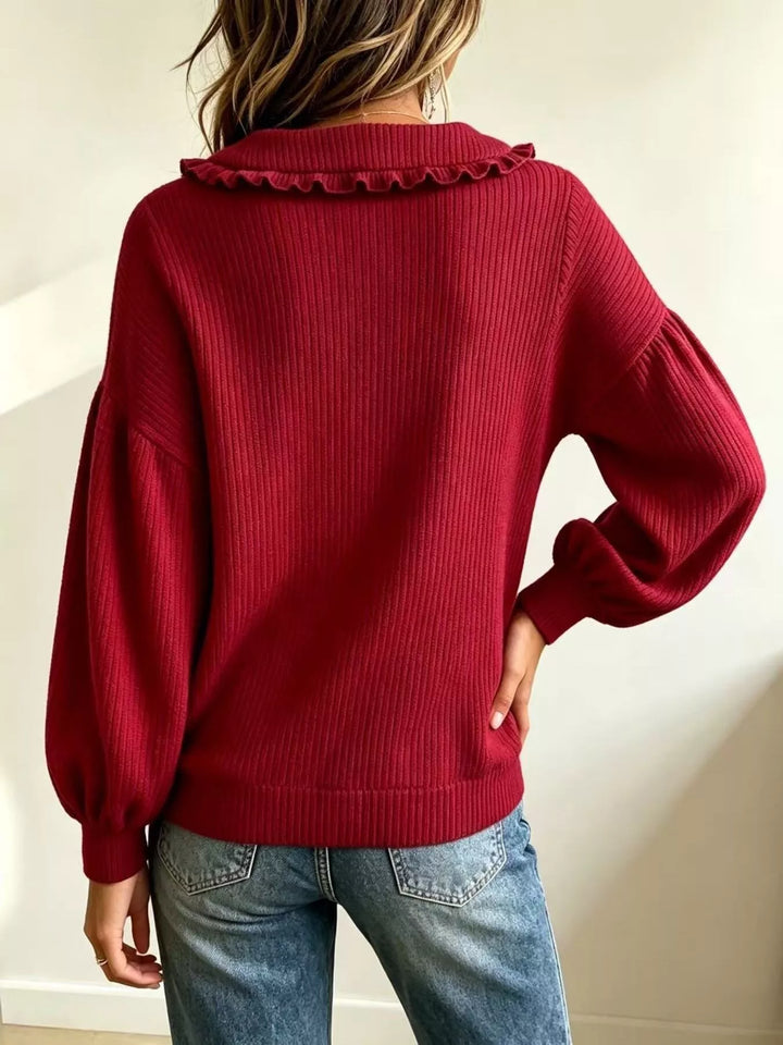Ruffle collar ribbed knit sweater with button placket
