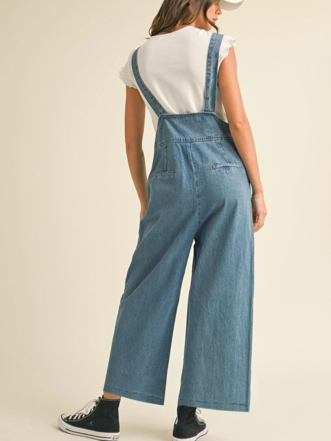 Vintage wide-leg cropped denim overalls with pockets