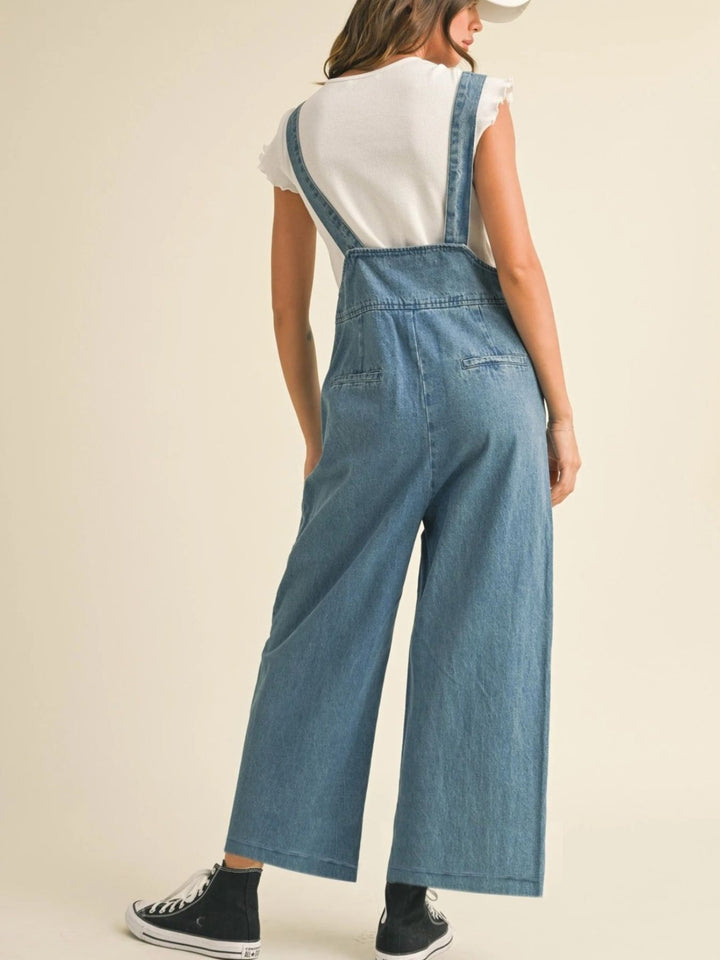 Vintage wide-leg cropped denim overalls with pockets