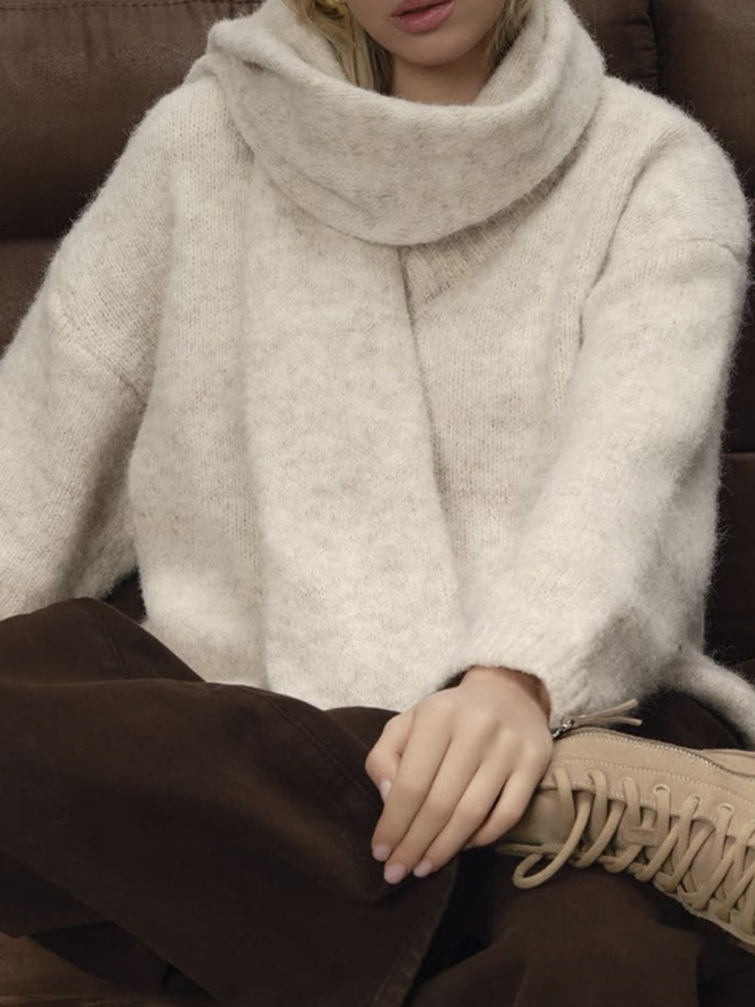 Oversized dropped-shoulder knit sweater with scarf