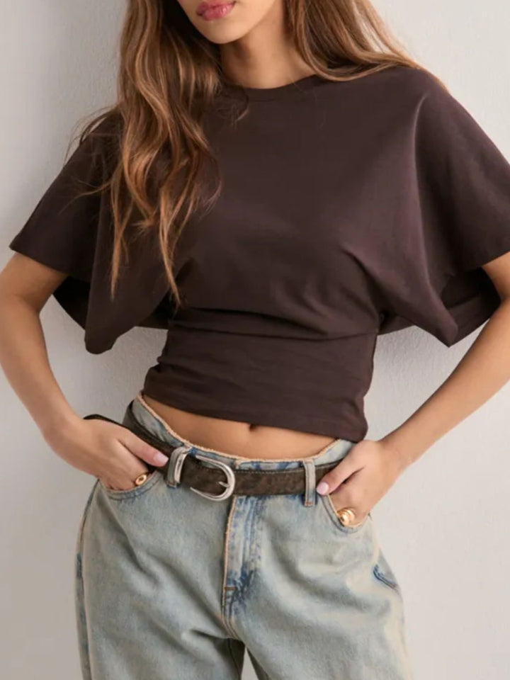 Dark Brown Batwing sleeve crop top with fitted waist and crew neck