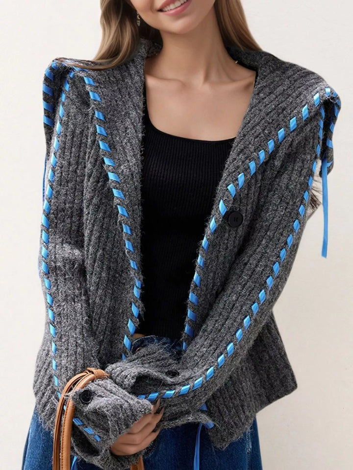 Gray Ribbed knit button-front cardigan with contrast ribbon trim