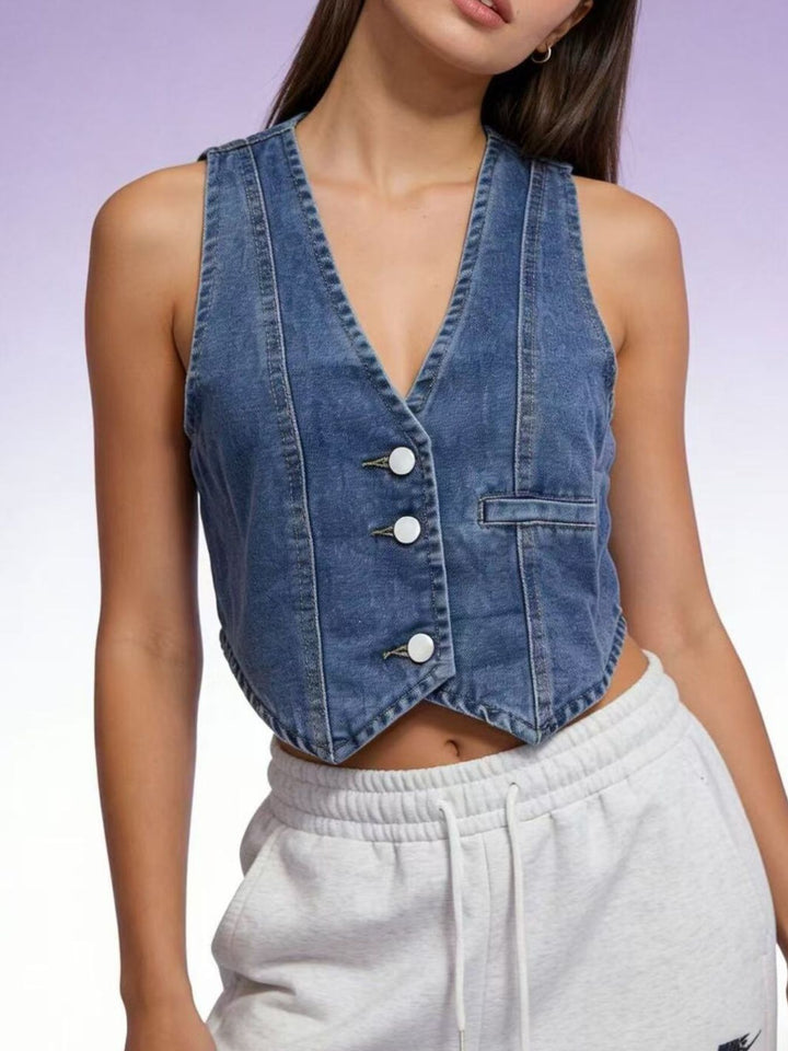 Cropped denim button-down vest with V-neckline