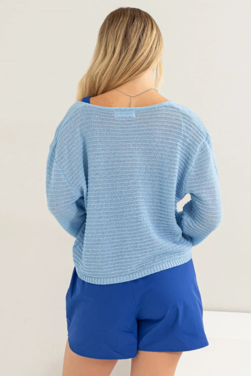 Textured stripe knit V-neck long sleeve top