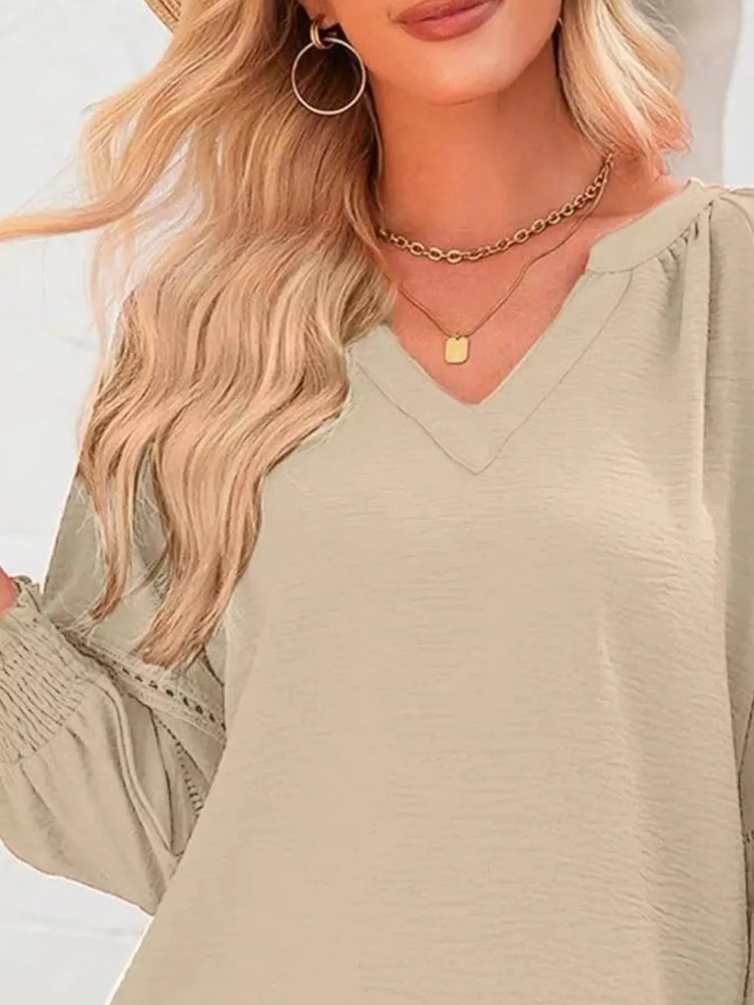 Openwork lace trim blouse with smocked cuffs and split neck