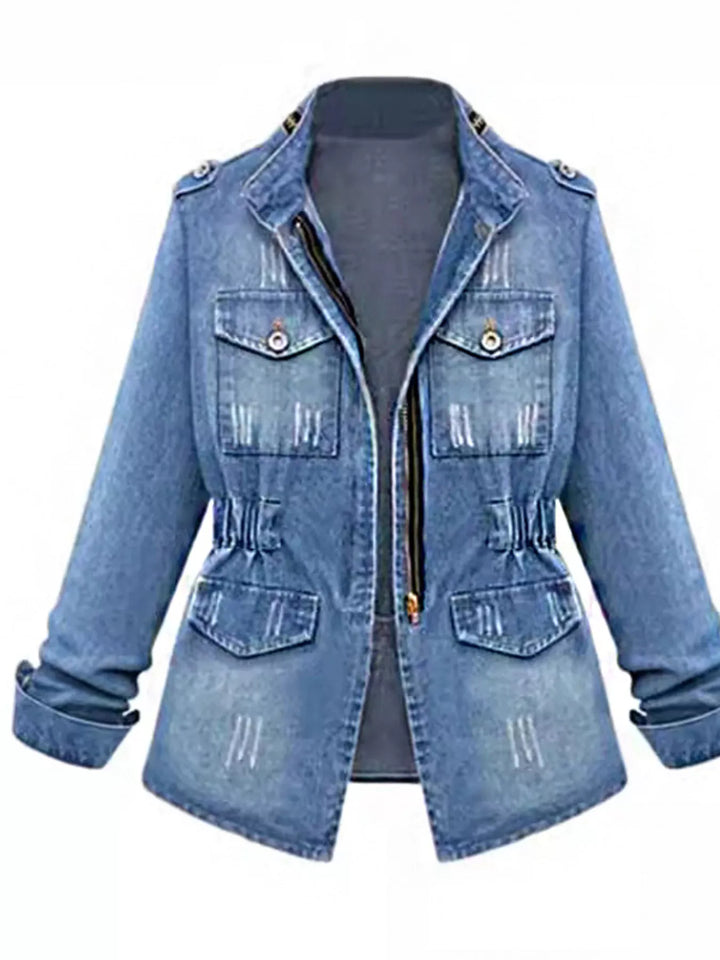 Blue Distressed zip-up utility denim jacket with cinched waist