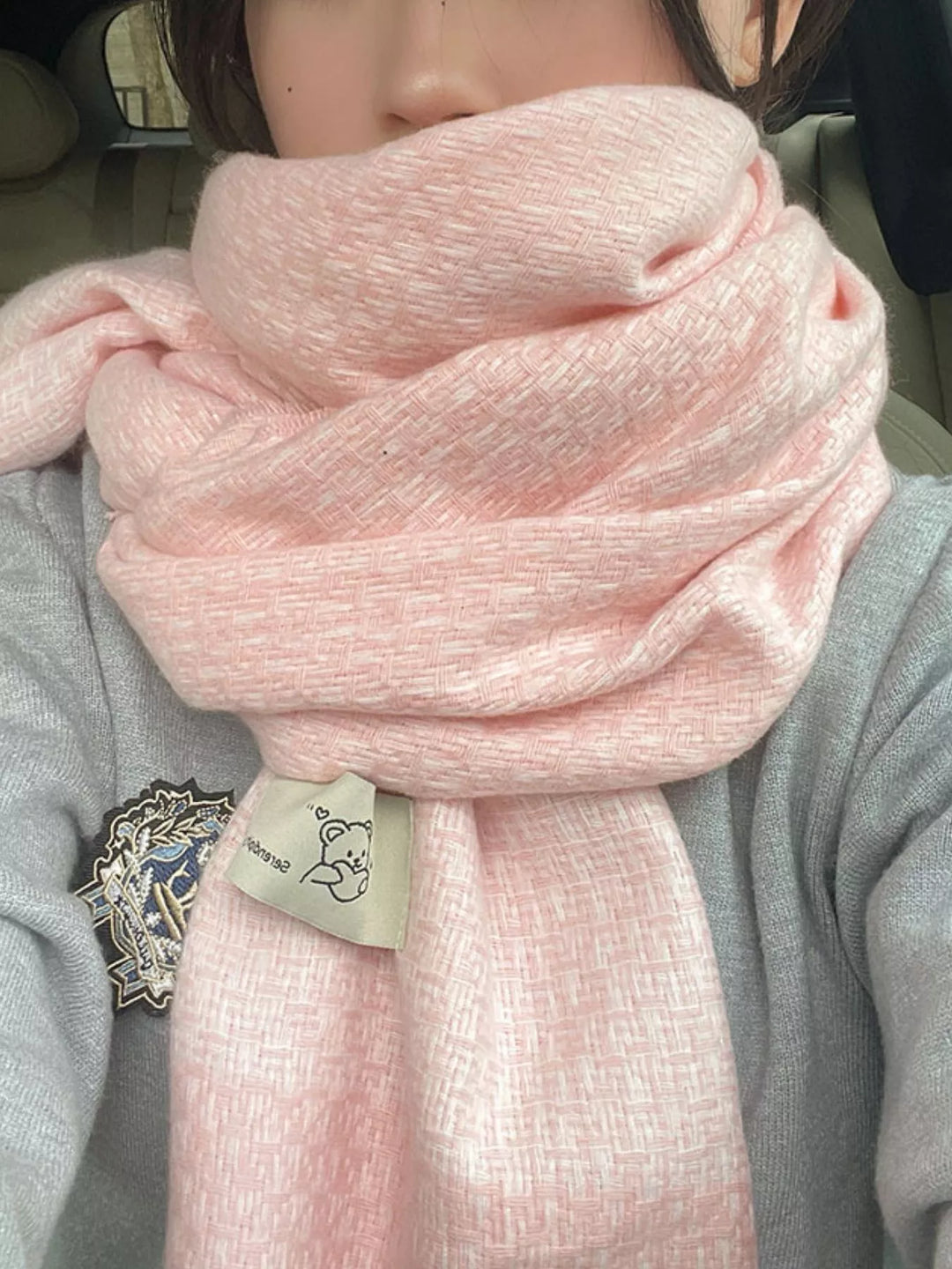 Pink Basketweave texture oversized winter scarf with raw fringe hem
