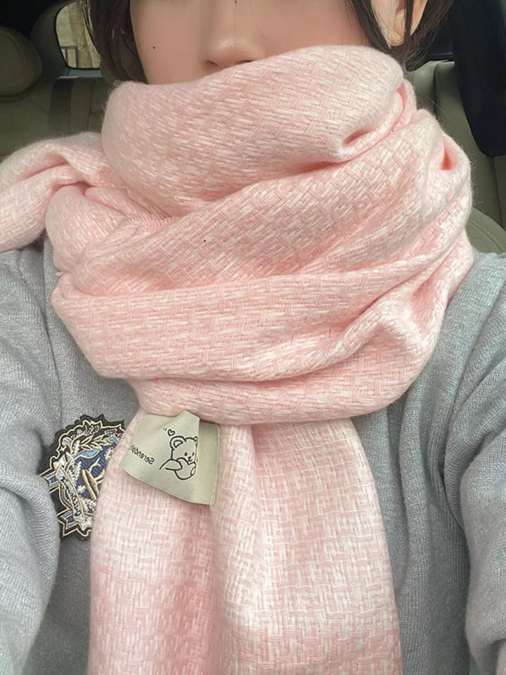 Pink Basketweave texture oversized winter scarf with raw fringe hem