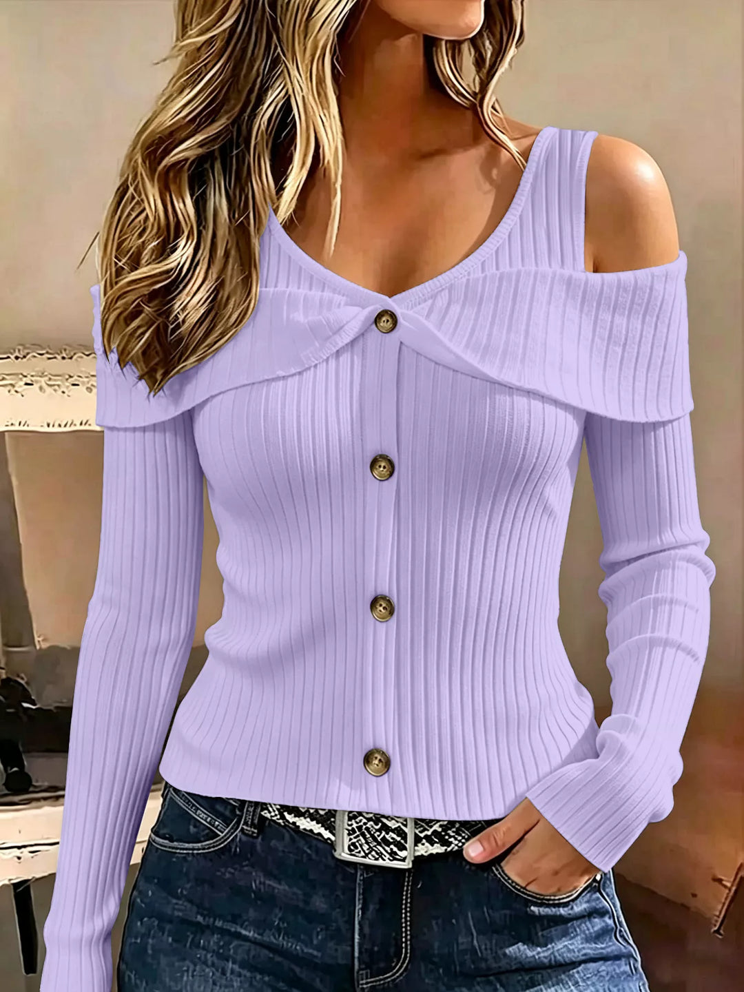 Purple Cold shoulder ribbed knit top with foldover collar and buttons