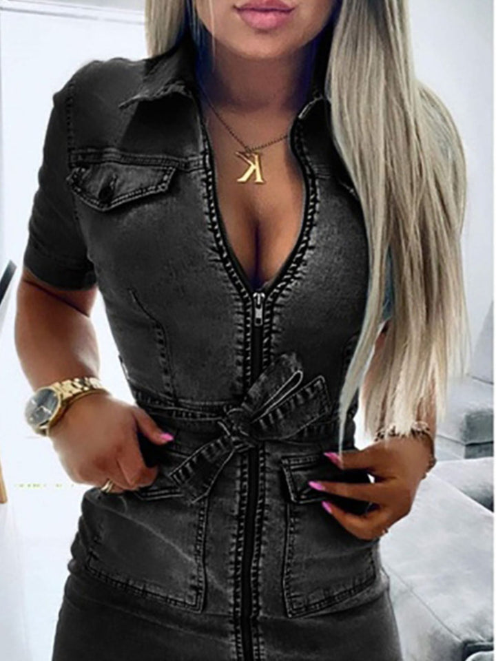 Black Zip-front tie-waist short sleeve denim mini dress