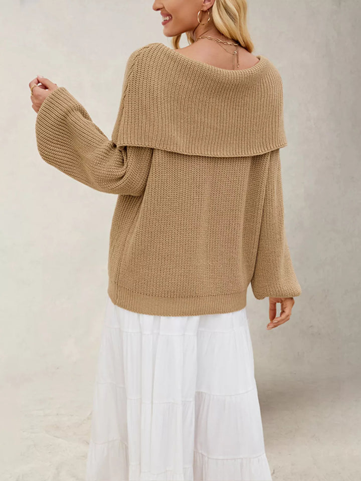 Off-shoulder ribbed knit sweater with foldover collar
