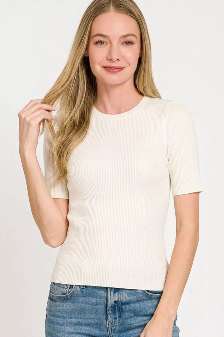 Ribbed viscose short-sleeve crew neck sweater top