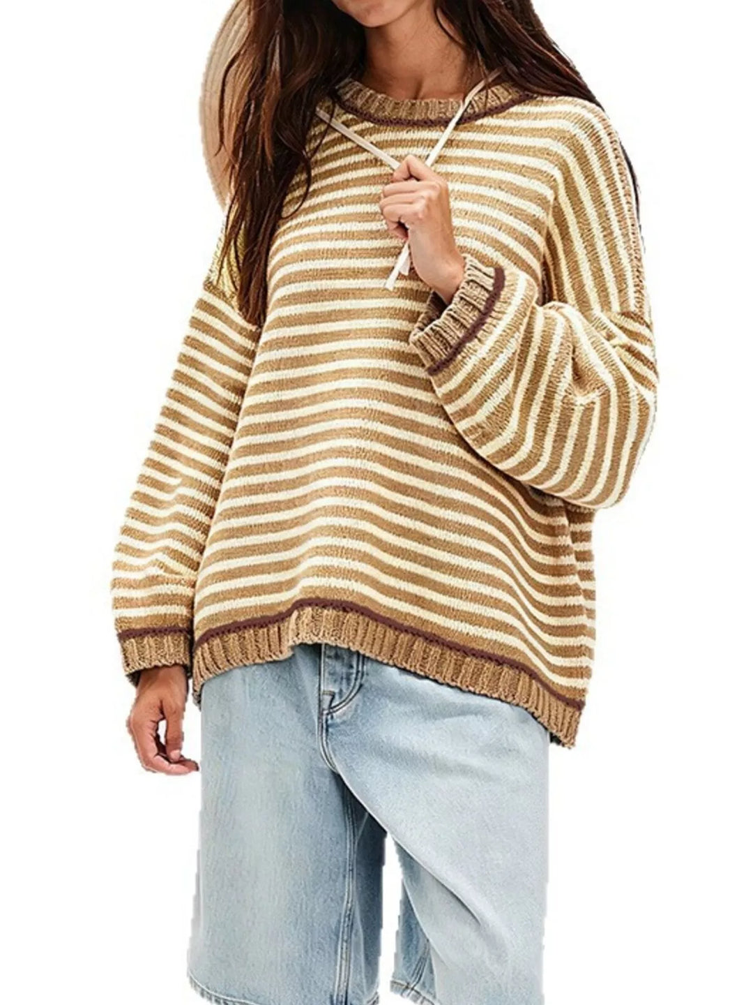 Oversized striped drop-shoulder sweater with ribbed trim