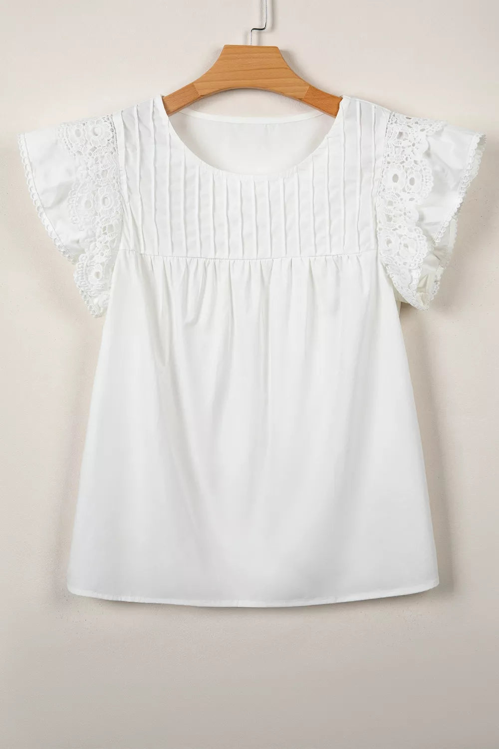 Lace flutter sleeve pintuck yoke round neck blouse