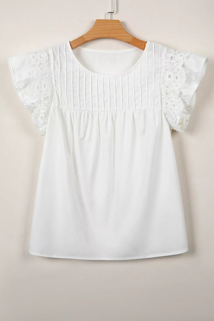 Lace flutter sleeve pintuck yoke round neck blouse