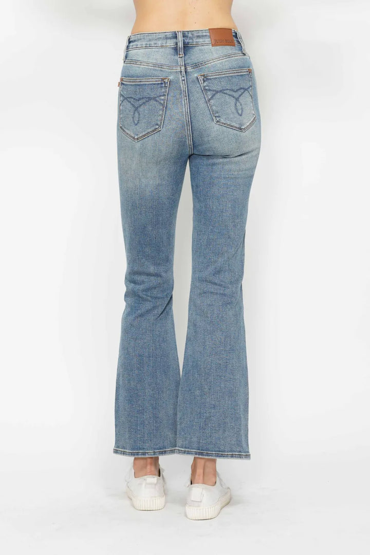 High-rise tummy control bootcut jeans with embroidered pockets