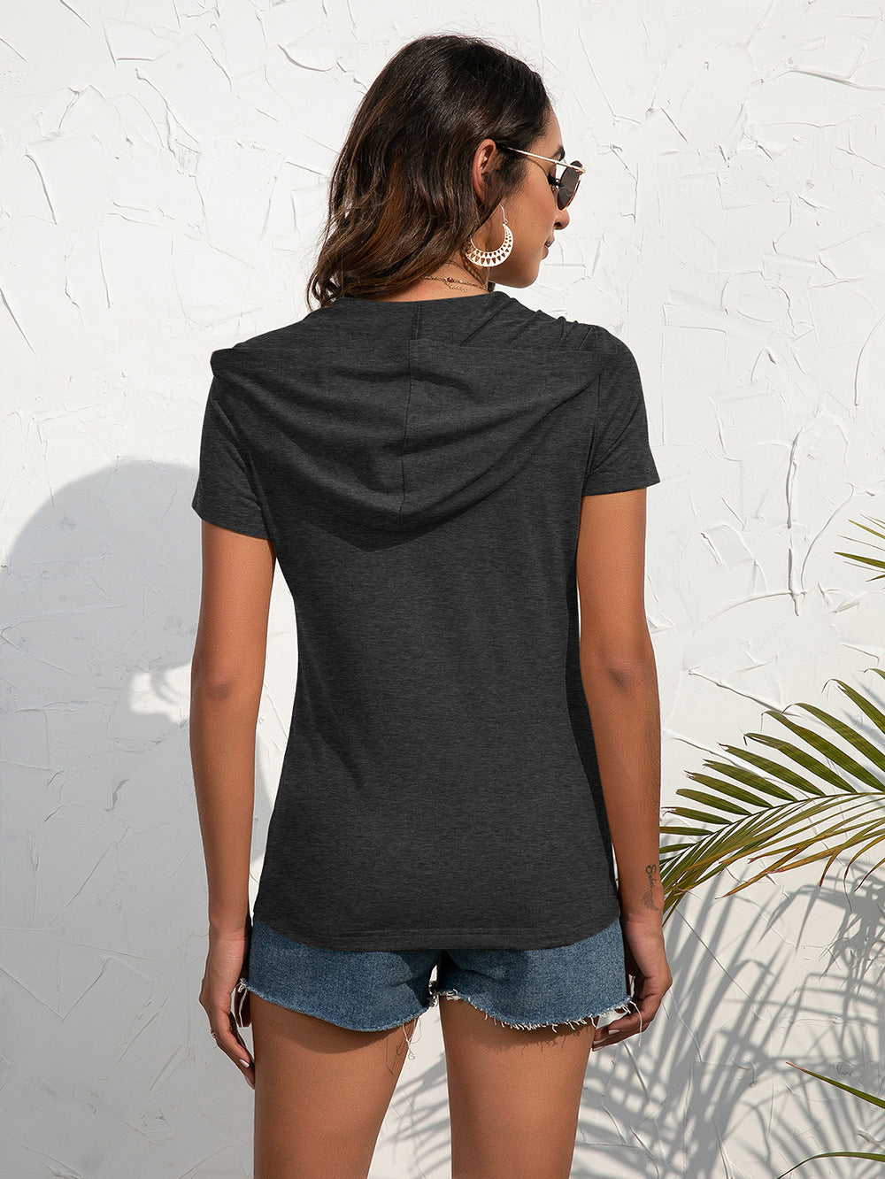 Half-zip short sleeve hooded top with flap pockets