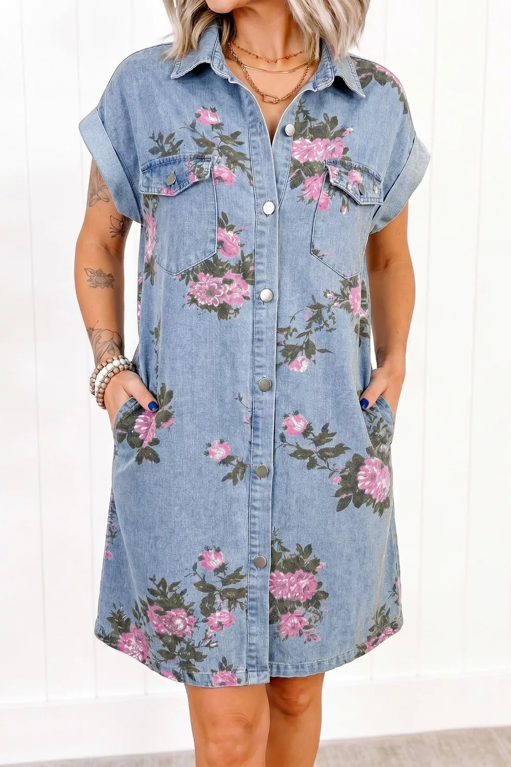 Floral print denim mini shirt dress with chest pockets