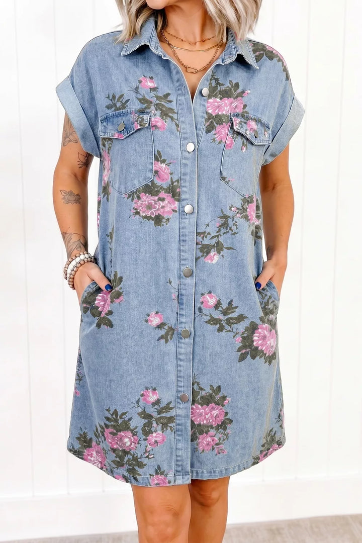 Floral print denim mini shirt dress with chest pockets