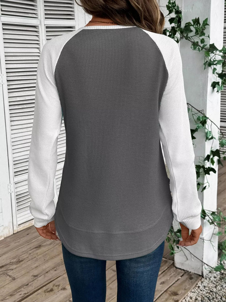 Waffle knit long sleeve raglan tunic top
