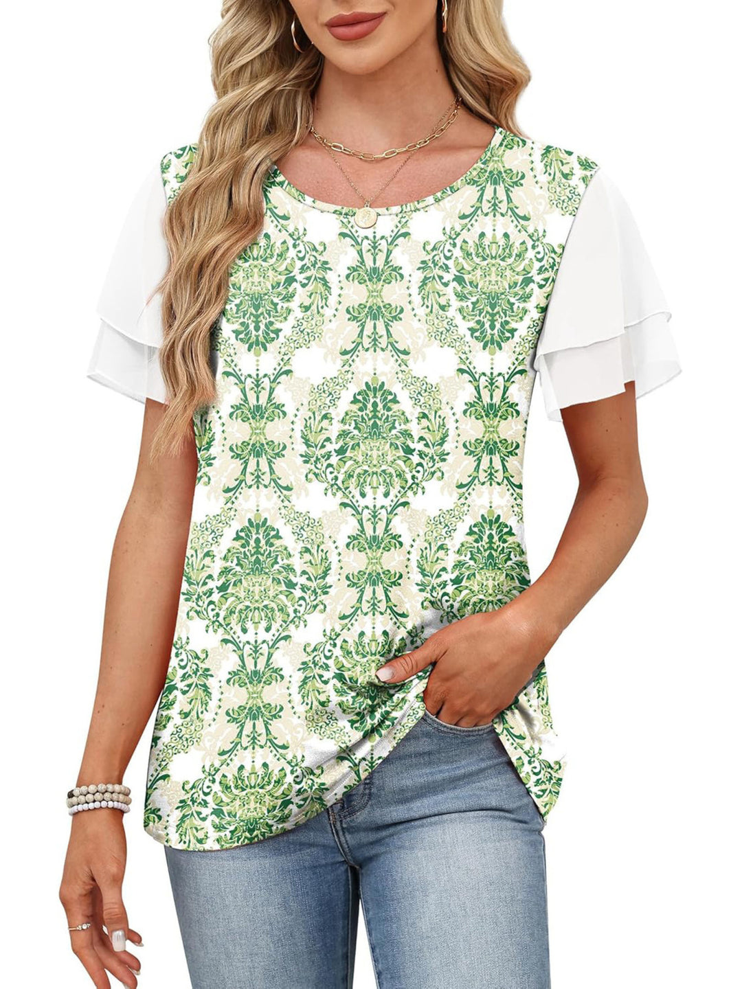 Layered leopard ruffle sleeve round neck top