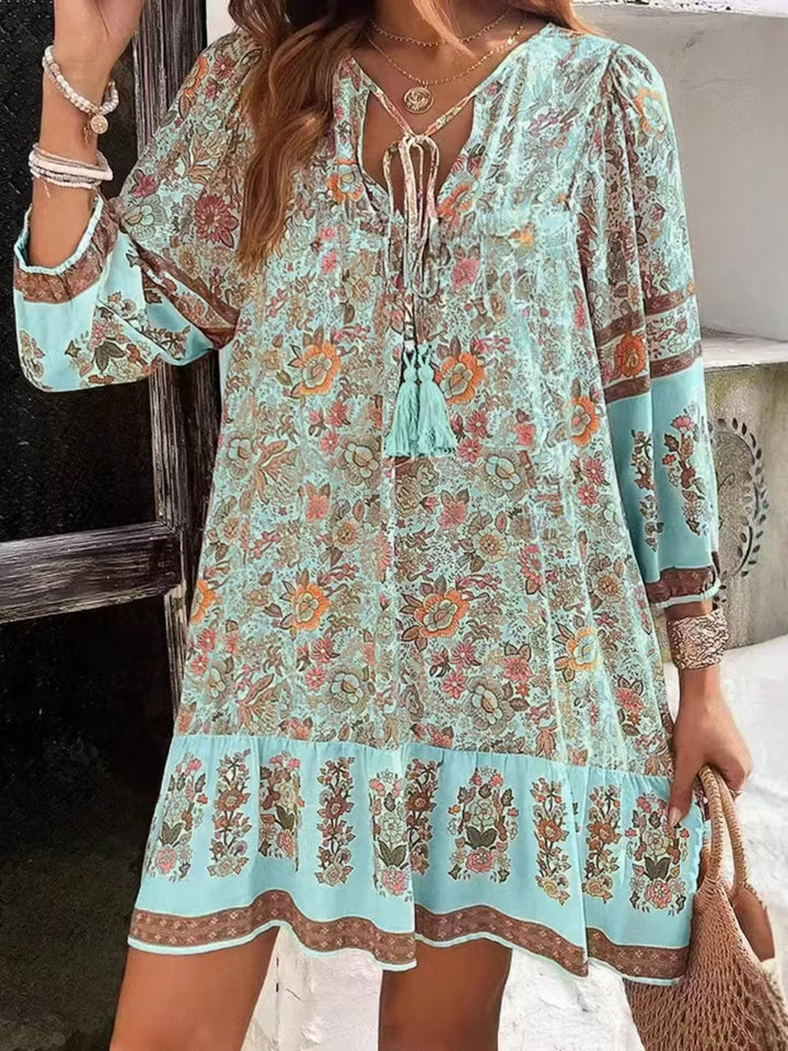 Light Blue Boho floral v-neck mini dress with tassel tie and long sleeves