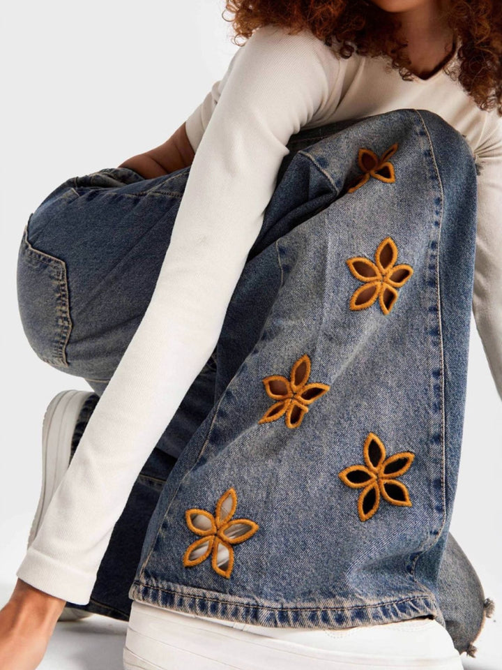 Distressed wide leg jeans with floral embroidery