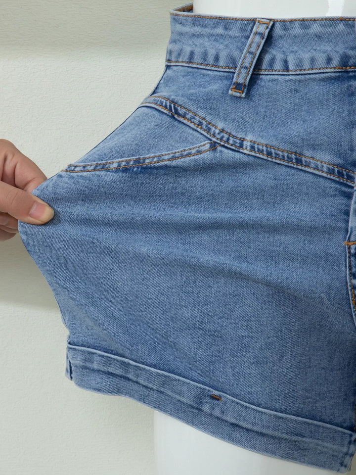High-rise cuffed denim shorts with double-button waist