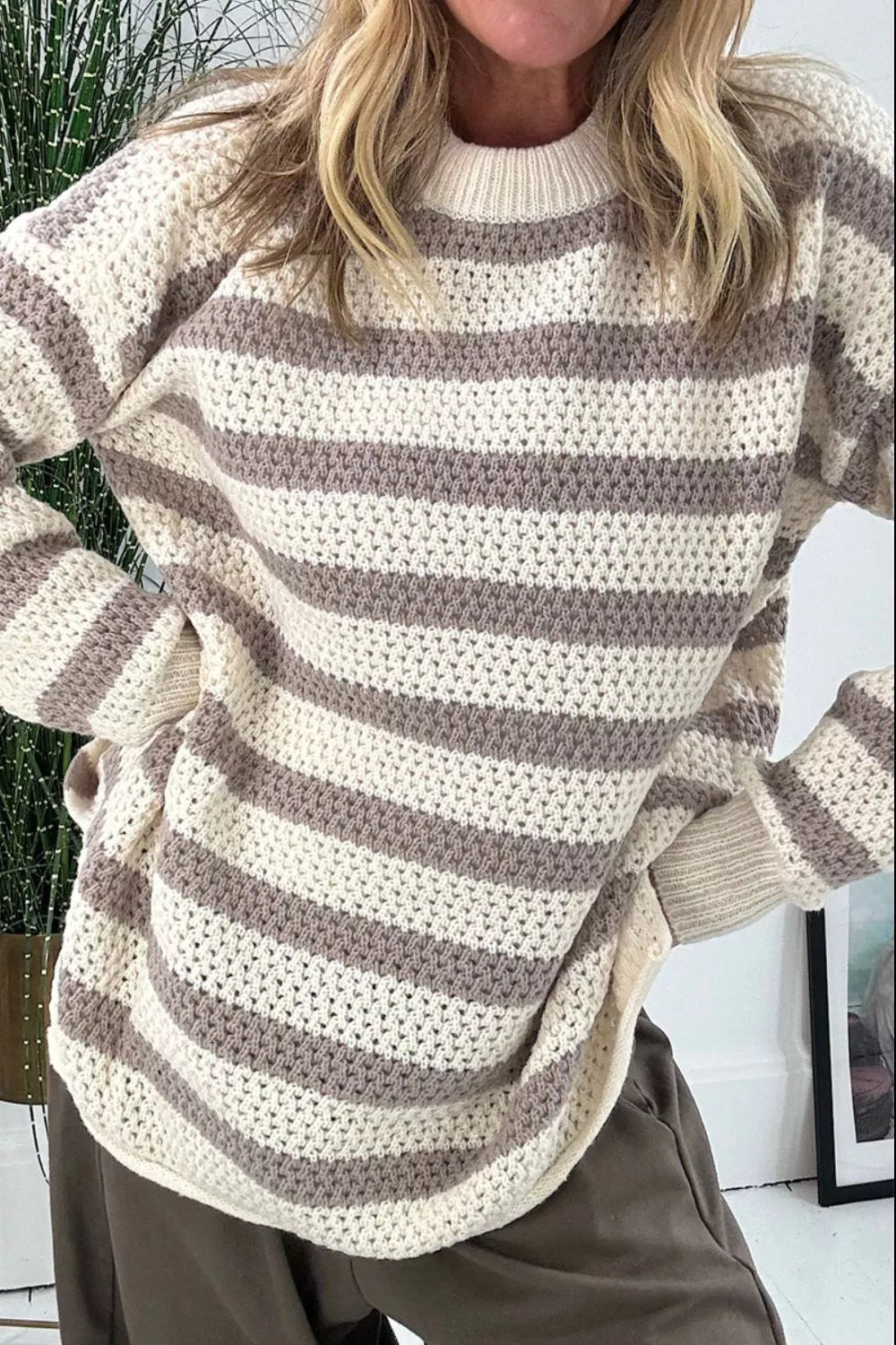 Khaki Striped waffle knit dropped shoulder sweater